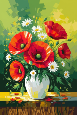 Poppies and daisies in a vase
