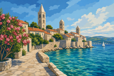The old town of Rab on the seaside