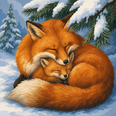 Fox family in the snow