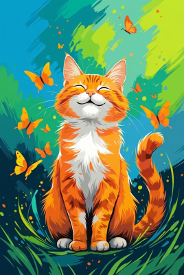Cheerful red kitten with butterflies