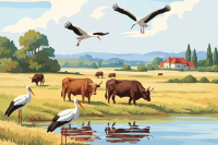 Cows and herons by the lake