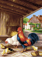 The rooster, the hen, and the chicks