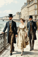Seaside walk with an elegant couple