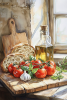 Still life with bread and tomatoes