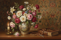 Flowers, candle, religious still life