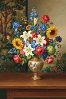 Still life with flowers and fruits