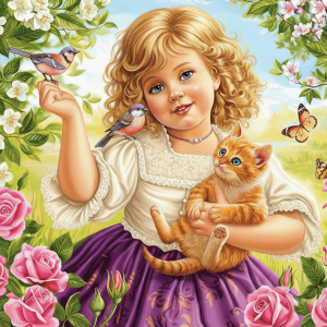 Little girl, cat, and birds.