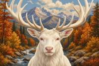 Albino stag in autumn landscape