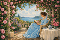 Lady reader under the rose arbor