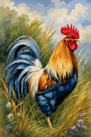 Colorful rooster in the meadow