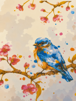 Blue bird on a blooming branch