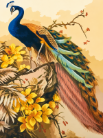 Peacock on flowering branches