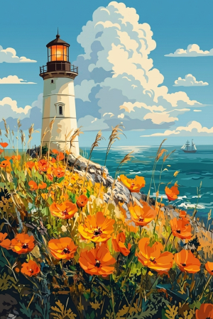 Lighthouse on a floral beach
